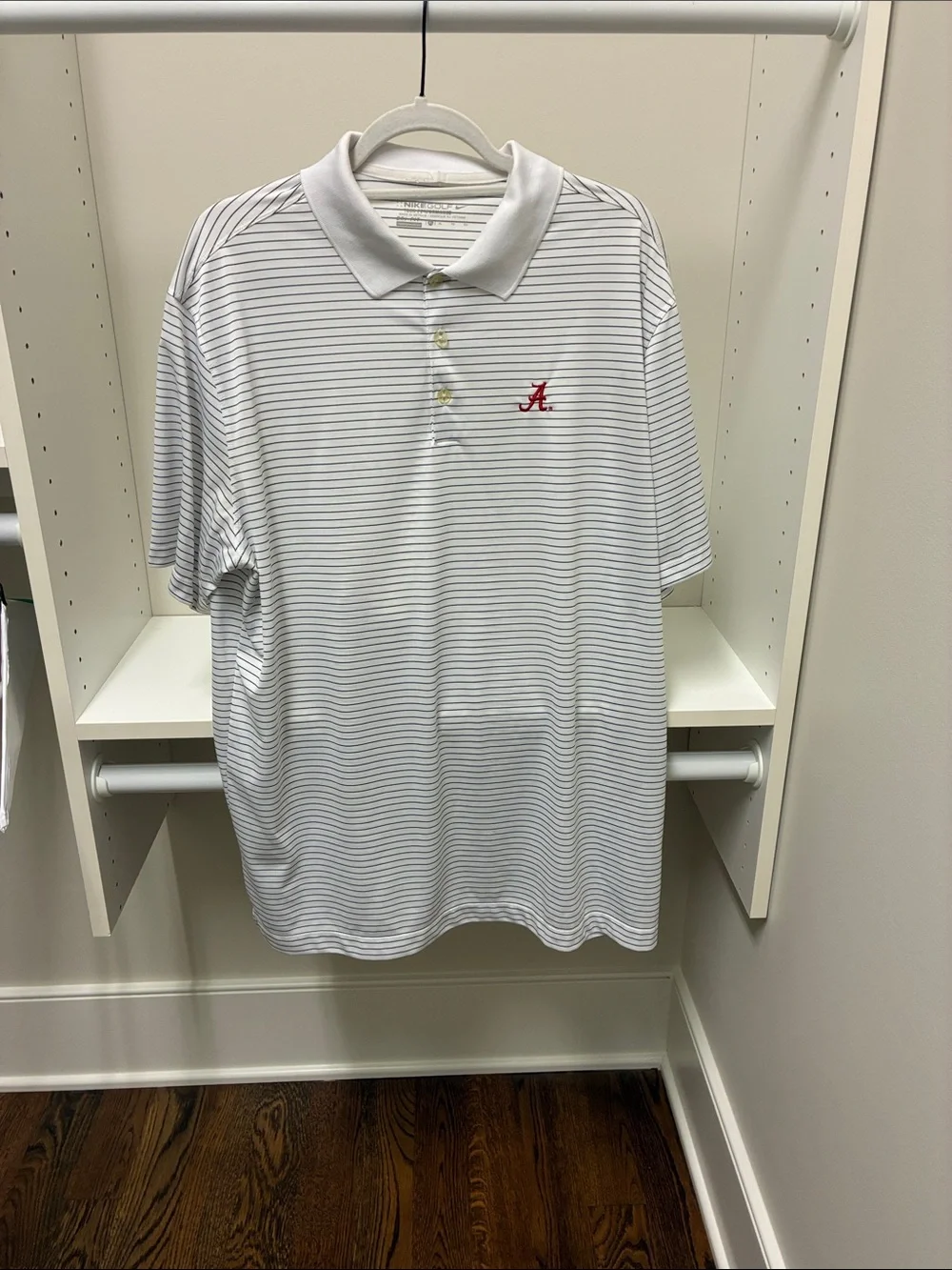 Nike White Polo with Thin Gray Stripes and Red 'A' Logo